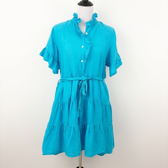Mille Violetta Ruffle Tie Waist Mini Dress Size M Aqua Linen Tiered Short Sleeve - Picture 2 of 10